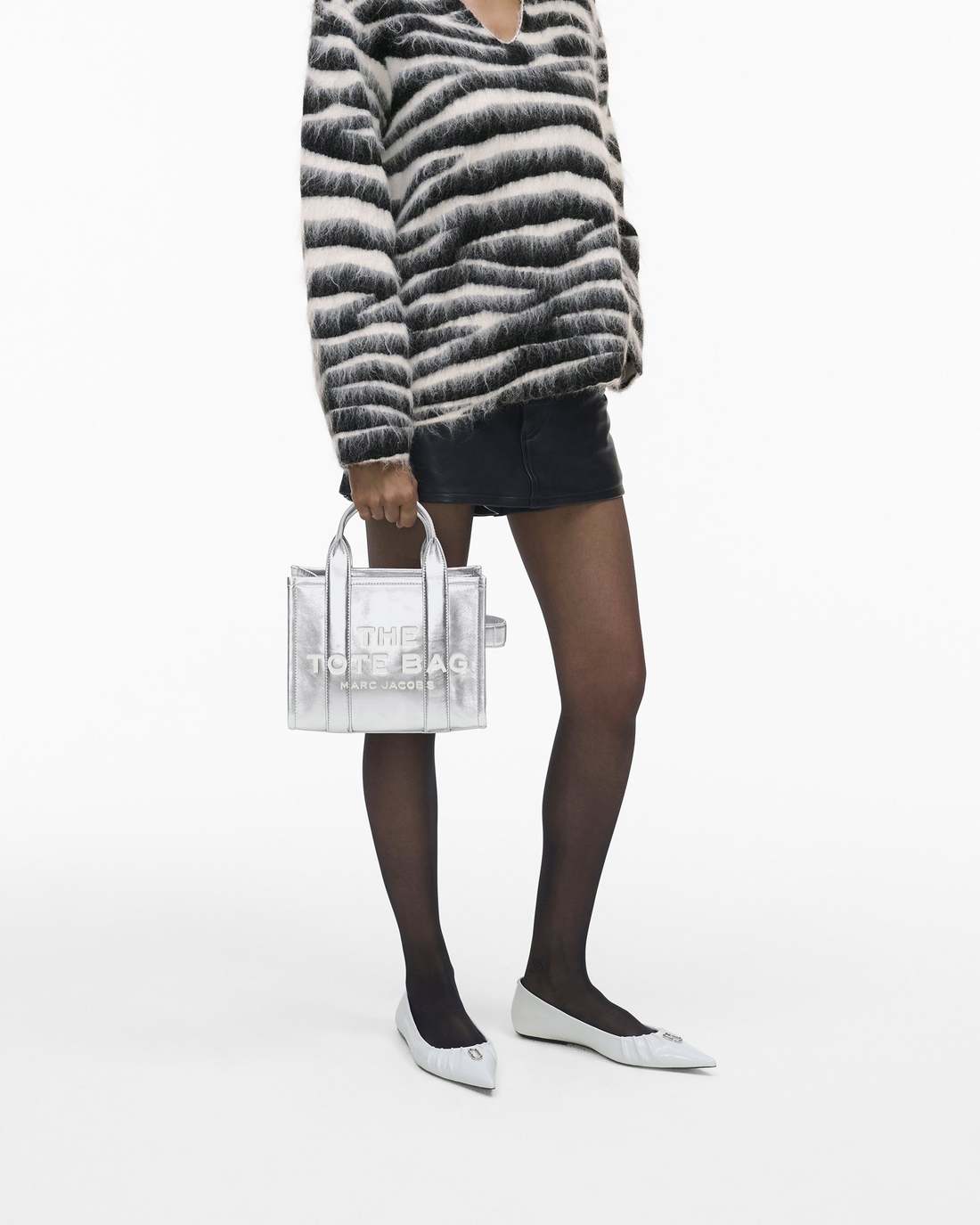 The Metallic Leather Small Tote Bag Metallic Silver - Marc Jacobs